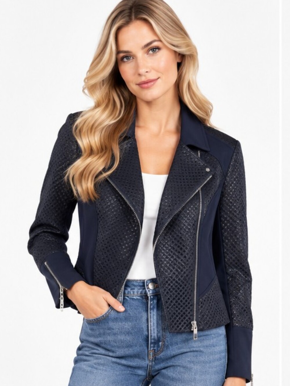 Caché Asymmetrical Moto Jacket Women's 6 Navy Blue Mesh Tailored Edgy Chic